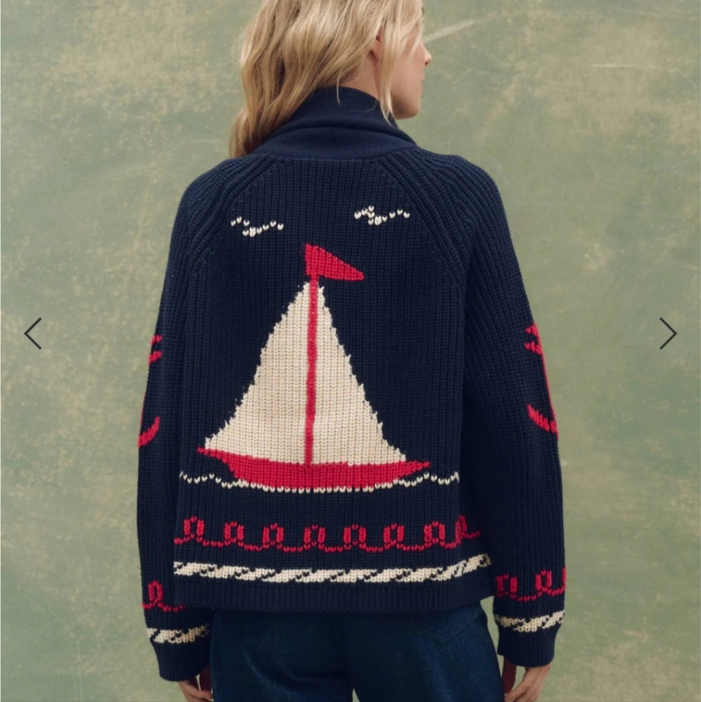 THE GREAT. Navy Sailboat Knit Cardigan with Cream and Red Accents - Picture 7 of 13